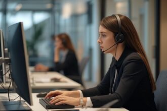 Customer service rep having serious conversation while at work in office.jpg