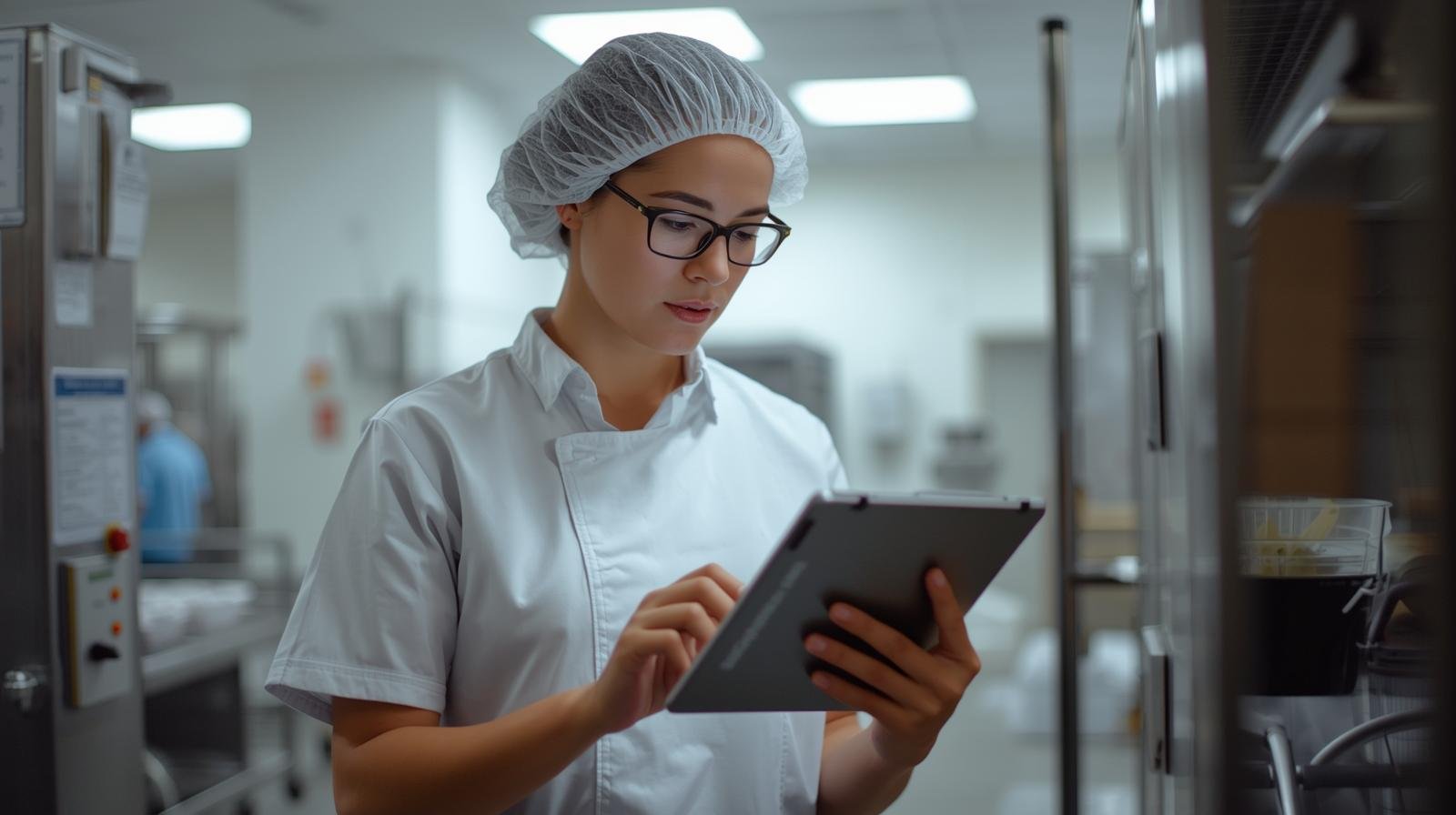 Food processing worker using tablet to learn while on the job.jpg