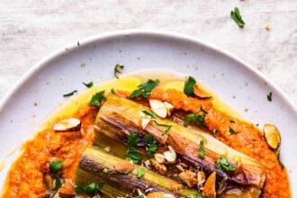 Romesco sauce braised leeks bread torn.jpg