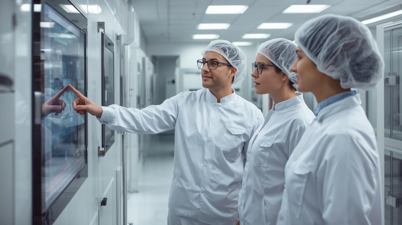 Three food processing employees in hygienic uniforms discussing new technology.jpg